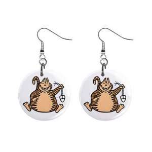 Fat Cat Caught Computer Mouse Dangle Earrings