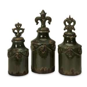  Set of 3 Paige Muted Green Ceramic Bottles with Fleur de 