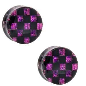  Pair of 1/2 (12.5mm) Purple Glitter Checkerboard Acrylic 