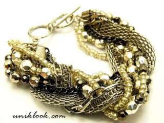   Jewelry Silver & Gun Metal Braided Link Beads Bracelet Uniklook  