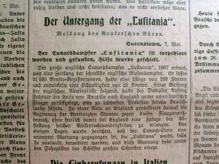   LUSITANIA SUNK by GERMAN SUBMARINE headine newspapers   WW I Germany