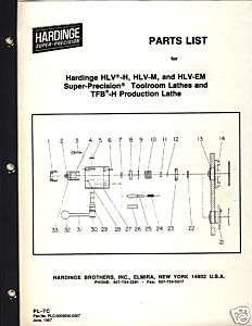 Hardinge Lathe HLV H, HLV M, HLV EM, TFB H Parts List  