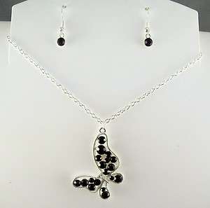BLACK CRYSTAL BUTTERFLY 18 NECKLACE & EARRING SET NEW  