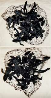   FASCINATOR HAT, BLACK NETTING & BLACK VELVET FLOWERS, 1950s  