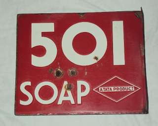 TATA SOAPS 2 SIDED FLANGE Porcelain Enamel Sign c1940s  
