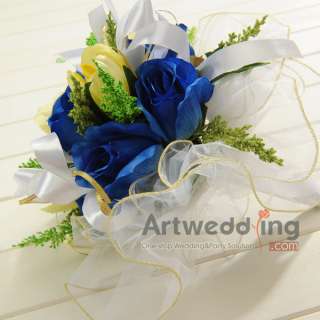 Tulle Wrapped Blue Roses and Yellow Tulip Wedding Bouquet with Ribbons 