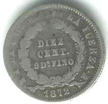 BOLIVIA COIN 10 CENTS 1872 F.E ATLEFT OF THE DATE  