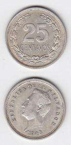 EL SALVADOR SILVER COIN 25 CENTAVOS KM 136 UNC  1943  
