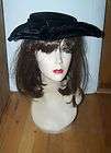 VTG 40s BLACK RIPPLED VELVET LG BRIMMED HAT W/ BOW