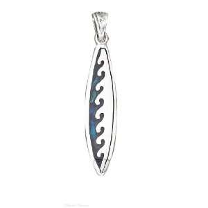   Sterling Silver Surfboard Pendant With Paua Shell Wave Design: Jewelry