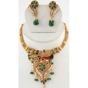  Meenakari Polki Necklace Set with Faux Emerald and Pearl 