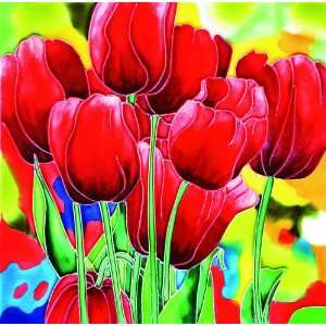  8x8 Hand Crafted Decorative Art Tile   Red Tulips 