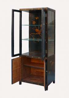   Black Gold Painted Flower&Bird Leather Storage Display Cabinet WK1193