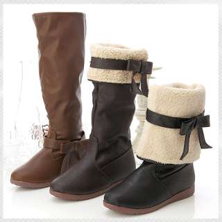 Free Shipping Adorable Bow Mid Calf Flat Boots Dk Brown, Black, Lt 