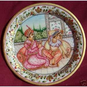 Raja & Rani enjoying in Palace, Painting on marble plate round, with 