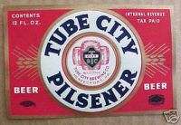 TUBE CITY PILSENER BEER, IRTP 12oz. Label, PENNSYLVANIA  