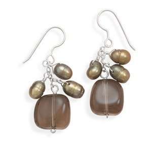  Chocolate Olive Pearl and Smoky Quartz Earrings Sterling 