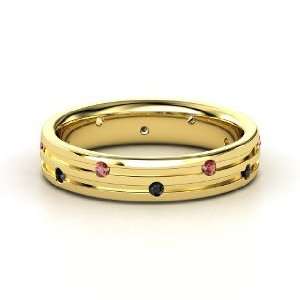  Slalom Band, 14K Yellow Gold Ring with Red Garnet & Black 