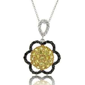   Silver Yellow CZ Simulated Black Diamond Flower Pendant Jewelry
