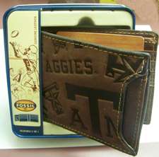 Texas A&M Aggies Fossil Shut Out Wallet Brown Leather Two in One 