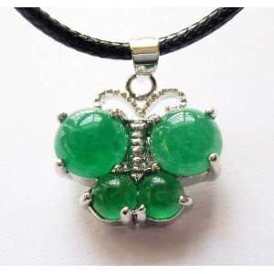    Green Jade Butterfly Silvertone Metal Pendant Necklace: Jewelry