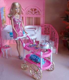 Cart for Barbie with birthday cake, cup cake, tea set, etc playful 