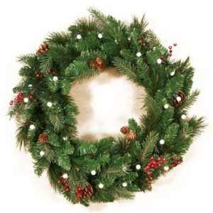 : 24 Battery Operated Mixed White Spruce Wreath with Berries, 30 LED 
