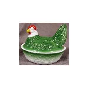  5 Glass Painted Grass Green Chicken on Basket Covered 