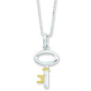  18in Sterling Silver Diamond Gold plated Key Necklace 