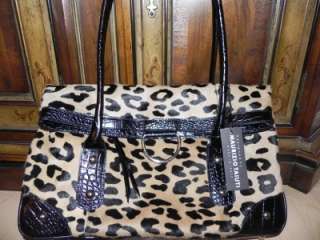   large leopard brown cow hair fur leather purse tote bag $600  