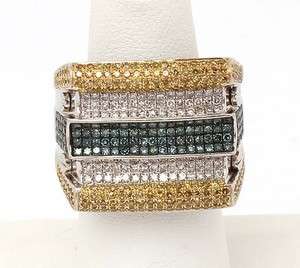 STYLISH 10K W GOLD & 2 CTS COLORED DIAMONDS WIDE RING  