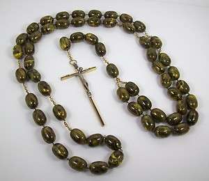 Vintage Large Rosary Beads Brass & Wood Cross Pewter Figure Faux 
