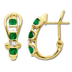  Emerald and Diamond Hoop Earrings in 10K Gold: Jewelry