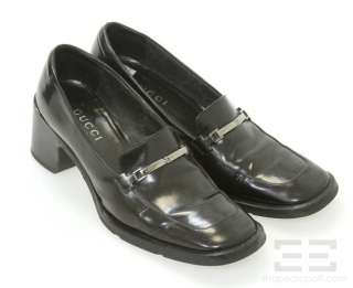 Gucci Black Brushed Leather & Silver Monogram Trim Loafer Heels Size 7 