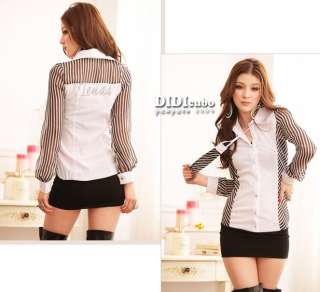 Striped Button Down Banded Hem Removable Necktie Long Sleeved Chiffon 