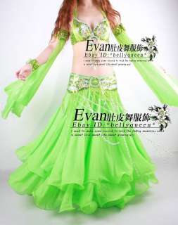 Belly Dance Costume 3Pcs Bra Belt with Skirt Green  