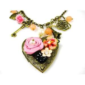   Locket with Pink Flower and Charm Necklace & Earring Set Jewelry