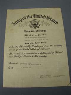 Vintage U.S. Army Honorable Discharge Certificate 1947  