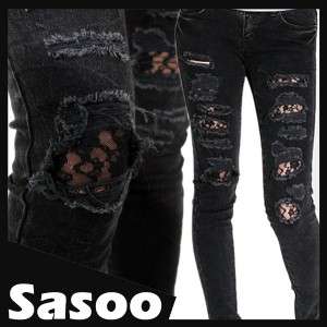 LACE lined ripped STONE WASHED skinny jeans BLACK 25 26 27 28 29 30 UK 
