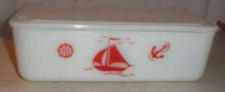 VINTAGE MCKEE REFRIGERATOR DISH WITH LID RED BOATS  