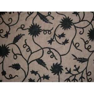 Crewel Fabric Floral Vine Black on Dark Melange Wool:  Home 