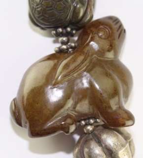 Amy Kahn Russell Carved Soochow Jade Bead Sterling Necklace Foo Dog 