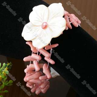 Pink Coral MOP Shell Carved Flower Cuff Bracelet Bangle  