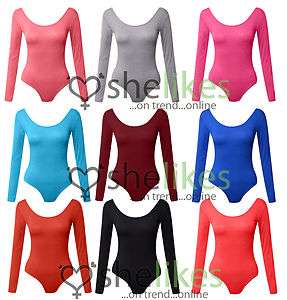 New Ladies Stretch Bodysuit Top Womens Long Sleeve Leotard Top 8 10 12 