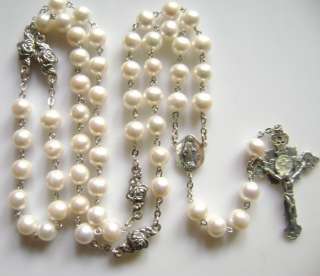 Rare Sterling 925 Silver Rose Beads Real Pearl ROSARY  