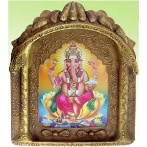  Lord Ganesha sitting on flower poster paintings in wood 