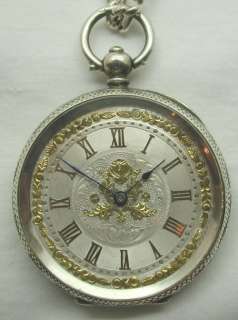   FANCY SILVER POCKET WATCH WITH GOLD & SILVER DIAL CHAIN & KEY  
