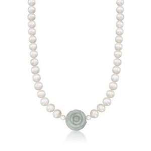   : Cultured Pearl and Carved Green Jade Flower Necklace. 36 Jewelry
