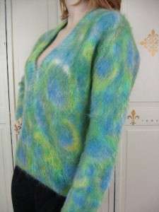 FUZZY Longhair MOHAIR Deep V Hand Knit SWEATER Blue Green MOD Print 