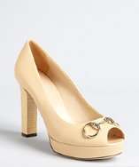 Gucci beige leather horsebit peep toe platform pumps style# 319148701